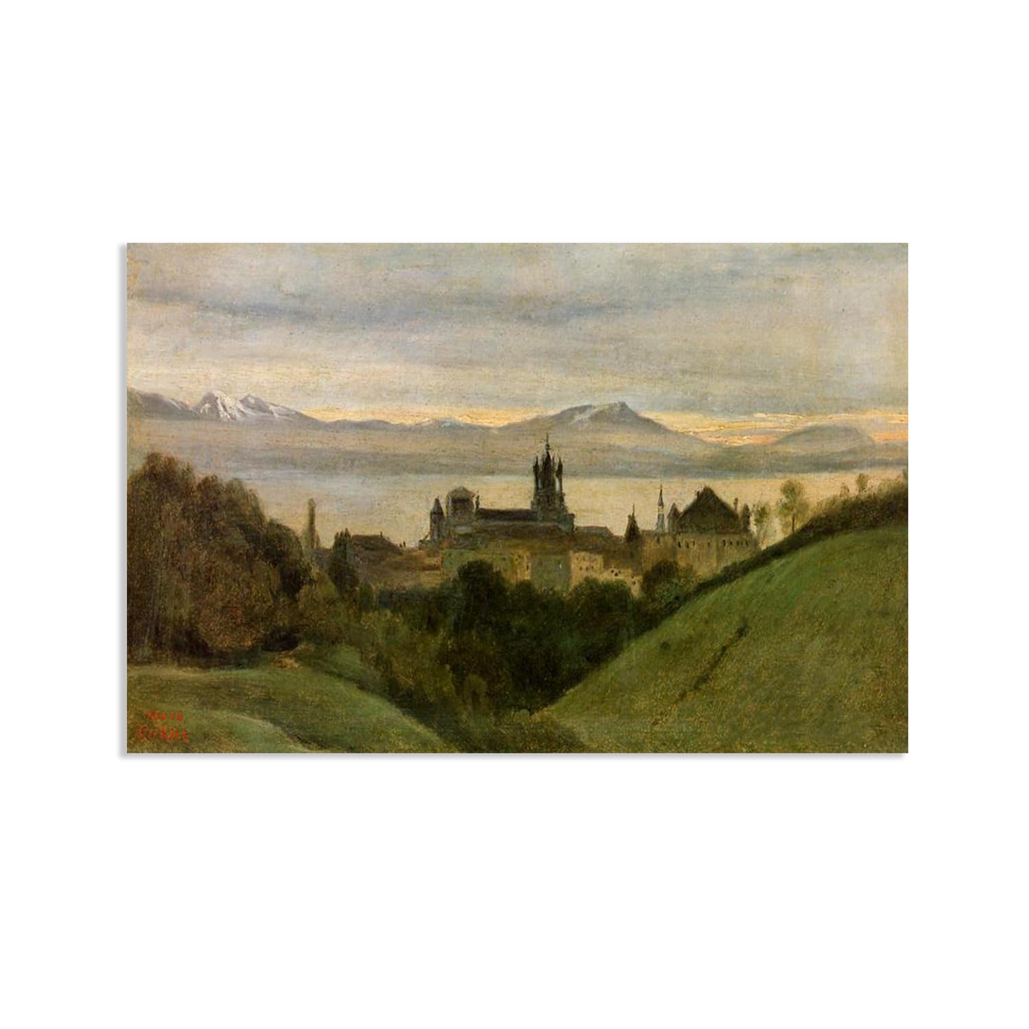 Hau3sh3a Jean Baptiste Camille Corot Wall Art Between Lake Geneva and the Alps Famous Nature Painting Print Giclee Canvas Wall Decor for Living Room Bedroom Office Home Decor90x60cm(35x24in) poster