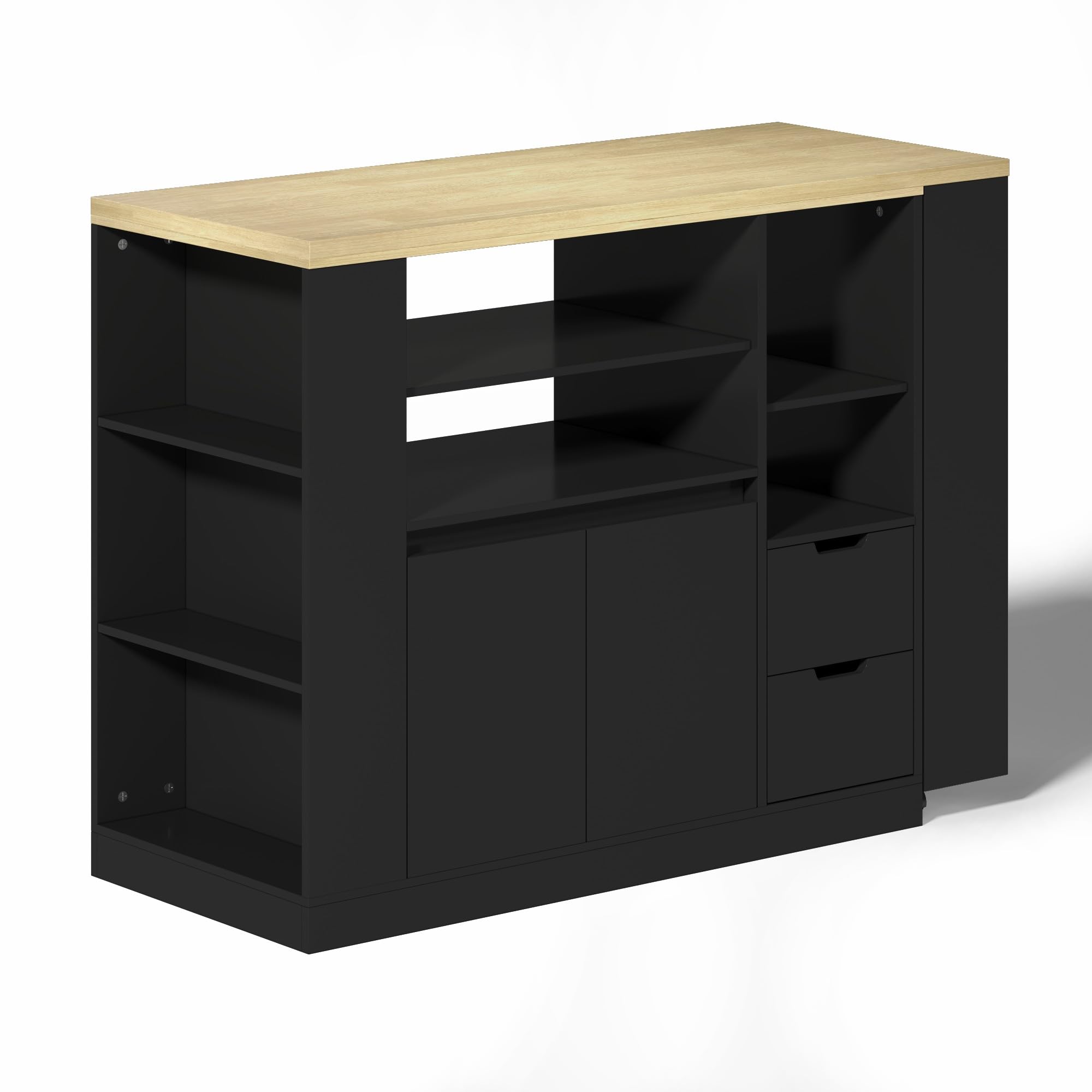 Isola da cucina con piano di lavoro allungabile, isola portaoggetti lunga 115 cm, con ripiani a tre lati e due cassetti, tavolo da pranzo allungabile in legno, per sala da pranzo e bar di casa, nero +