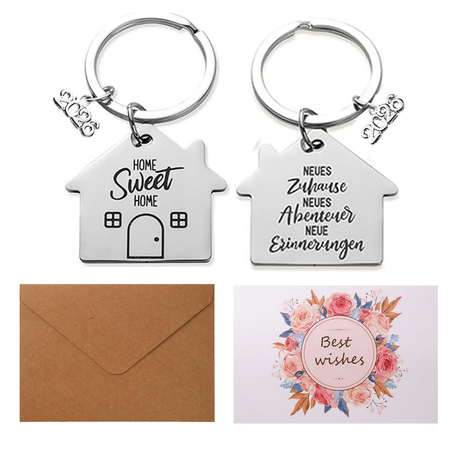 Ssjkeji Silver 2Pcs New Home Keychains, 2026 First Home Keyrings Housewarming Gift, New Homeowner, House Warming Present,Buying A House Together With Envelope Owner Key Ring