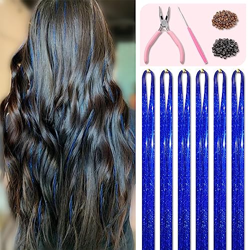 Sapphire Blue Hair Tinsel Kit 48 Inches 1200 Strands with Tools and Instruction Easy to Install Fairy Glitter Tinsel Hair Extensions for Women and GirlsShinny Sparkling Braiding Hair Accessories