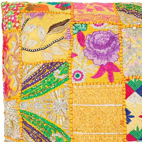 Yellow Patchwork Floor Cushion, Handmade Pouf, Sari Patchwork Ottoman, Multi Colorful Ottoman Cover