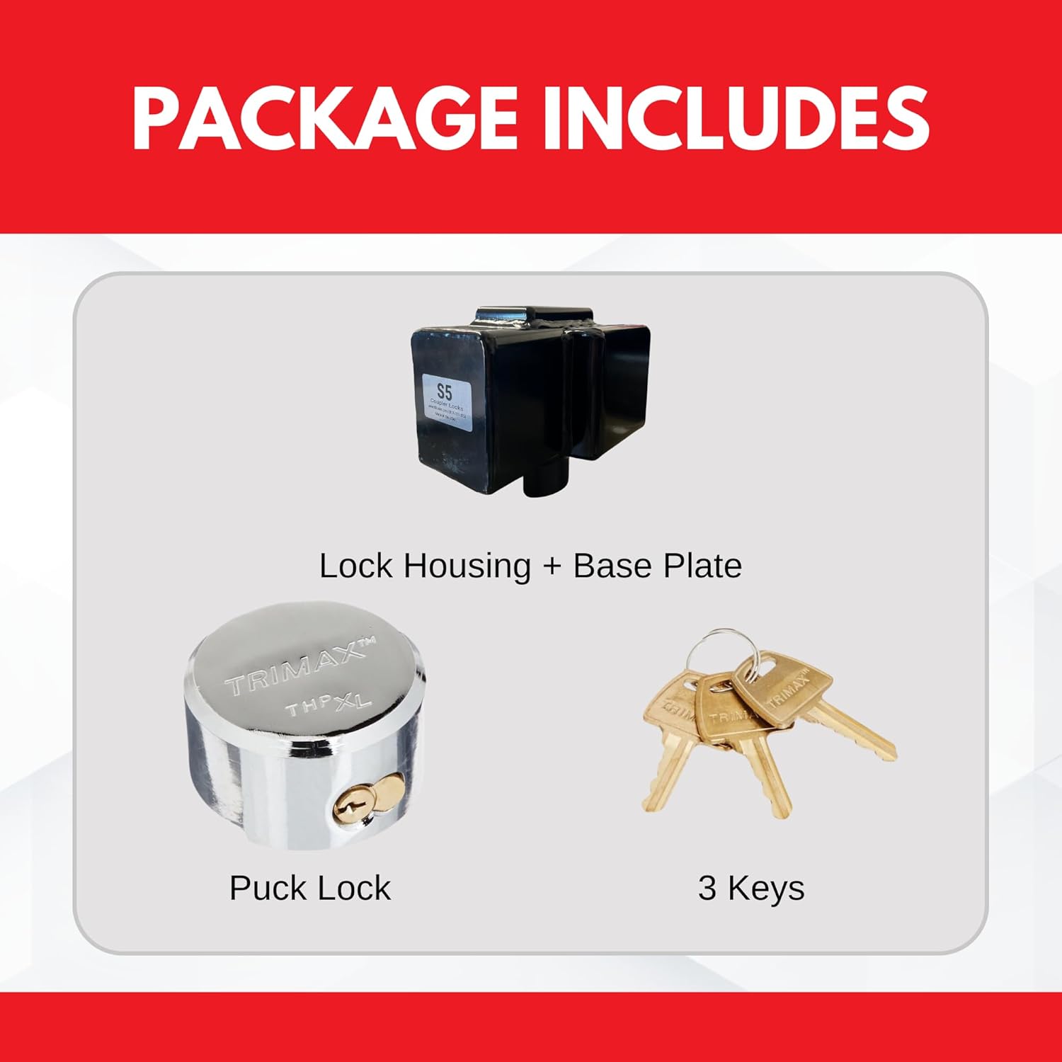 Demco 2-5/16" Adjustable Coupler Lock (LCS002 Demco) – Custom Fit for Dump and Equipment Trailers with C-Channel Mounts. (Includes Trimax Puck Lock)