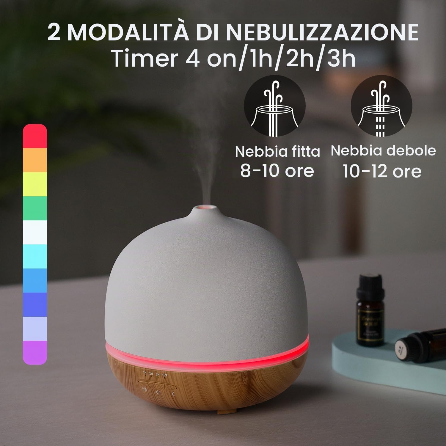 Diffusore in Ceramica 500ml a Ultrasuoni di Oli Essenziali - Impostazione Timer, 10 Colori LED, Senza BPA - per Camera da Letto e Soggiorno