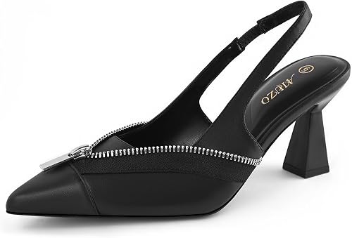 AIUZO Women Slingback Kitten Heels Closed Pointed Toe Zipper Decor Slip On Pumps