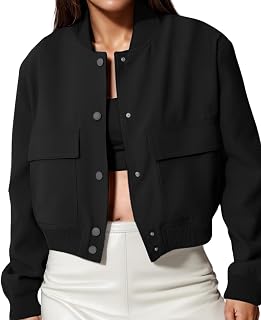 Modegal Women's Cropped Varsity Bomber Jacket - Long Sleeve Button Down Casual Coat with Side Pockets