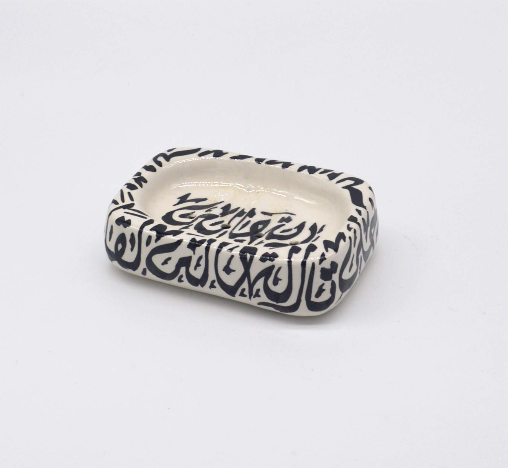 Maison Andaluz Black Calligraphy Rectangular Ceramic Hand Painted Moroccan Bathroom Soap Holder - L15 W8 H3 Cm