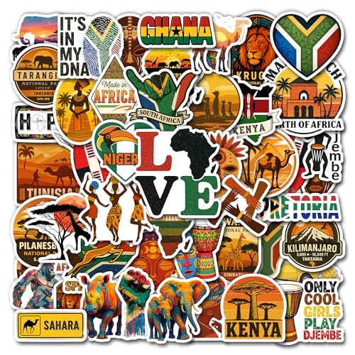 HIZILY 50 Pcs Africa Stickers Waterproof African Culture Vinyl Decal Travel Destination Sticker Laptop Water Bottle Luggage Tablet Phone Cup Scrapbook Journal Skateboard Gift for Teens Adults