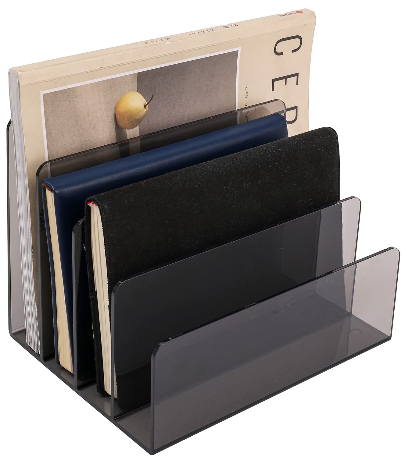Sooyee Organiseur de fichiers, organiseur de dossiers à 4 compartiments, en acrylique, organiseur de dossiers pour bureau, décorations de bureau pour le travail, noir transparent
