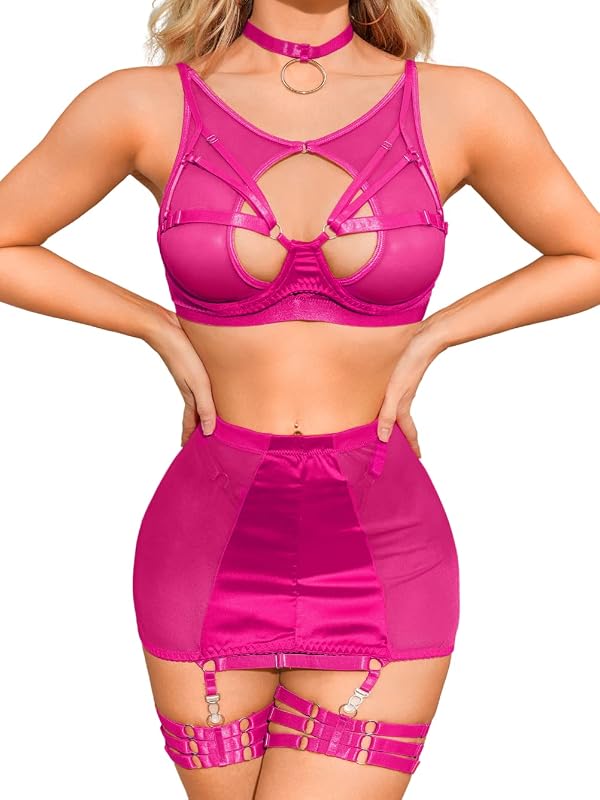 Kaei&Shi Garter Lingerie for Women, Strappy High Waisted Skirt G String 4 Piece Sexy Exotic Lingerie Outfits Set Boudoir