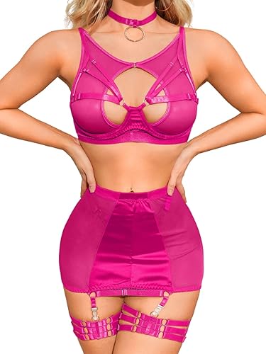 Kaei&Shi Garter Lingerie for Women, Strappy High Waisted Skirt G String 4 Piece Sexy Exotic Lingerie Outfits Set Boudoir - Hot Pink - 16