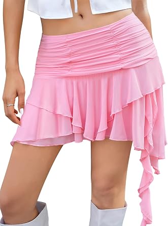 Yousify Womens Y2K Mini Skirts Mesh Flowy Ruffled Skirt Layered Low Rise Pleated Asymmetrical Short Skirts