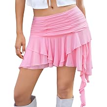 Yousify Womens Flowy Ruffled Mini Skirt Y2K Asymmetrical Short Skirts