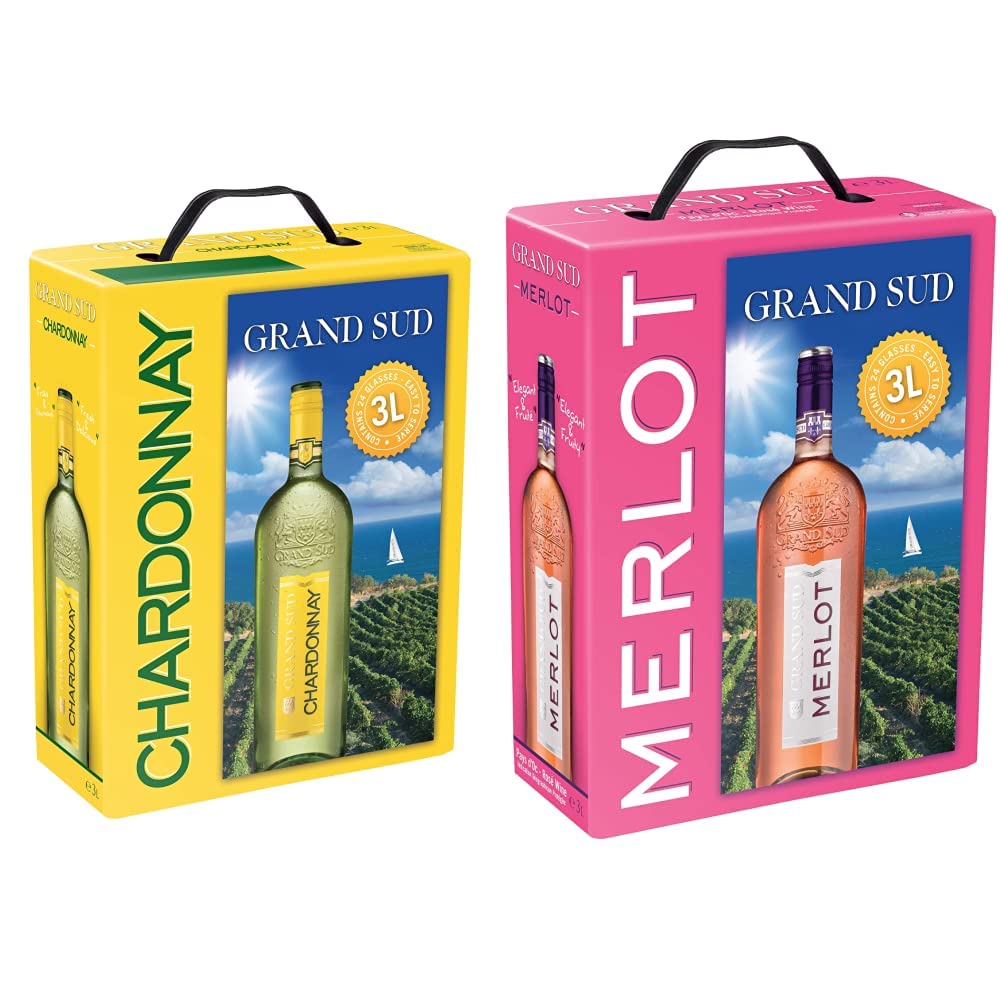Grand Sud - Chardonnay - Sortentypischer Trocken Weißwein - Großpackungen Wein Bag in Box 3l & - Merlot Rosé aus Süd-Frankreich - Sortentypischer Trocken Roséwein - Großpackungen Wein Bag in Box 3l