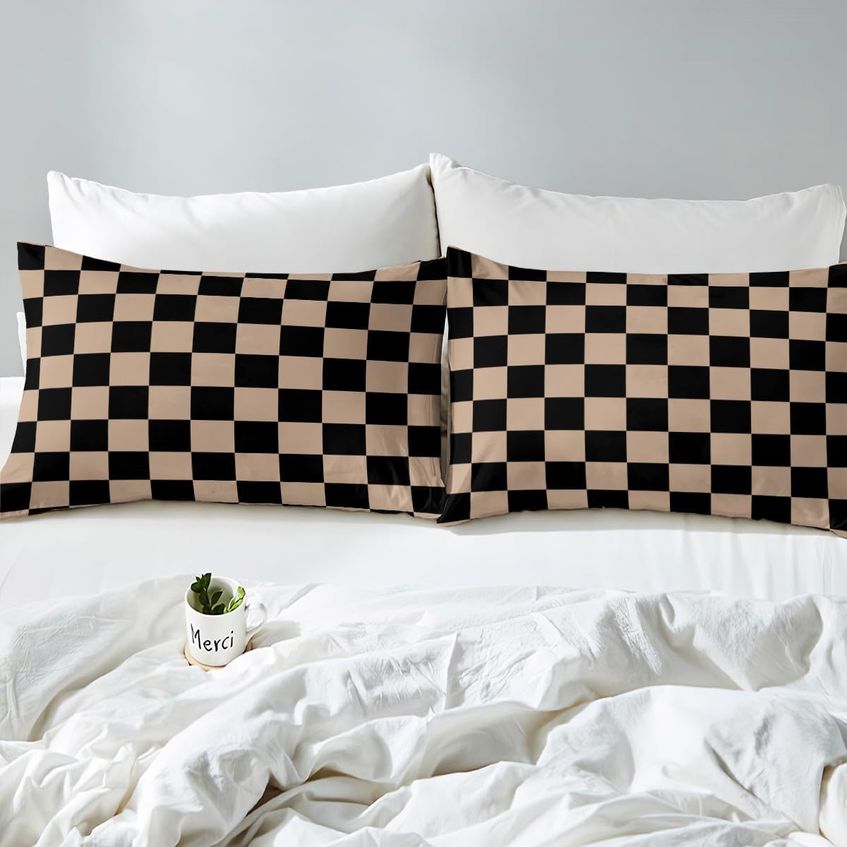 Feelyou Checkered Retro Duvet Cover Twin Size Brown Plaid Bedding Set for Boys Girls Geometric Vintage Comforter Cover Modern Simple Groovy Aesthetic Bedroom Decor 2Pcs