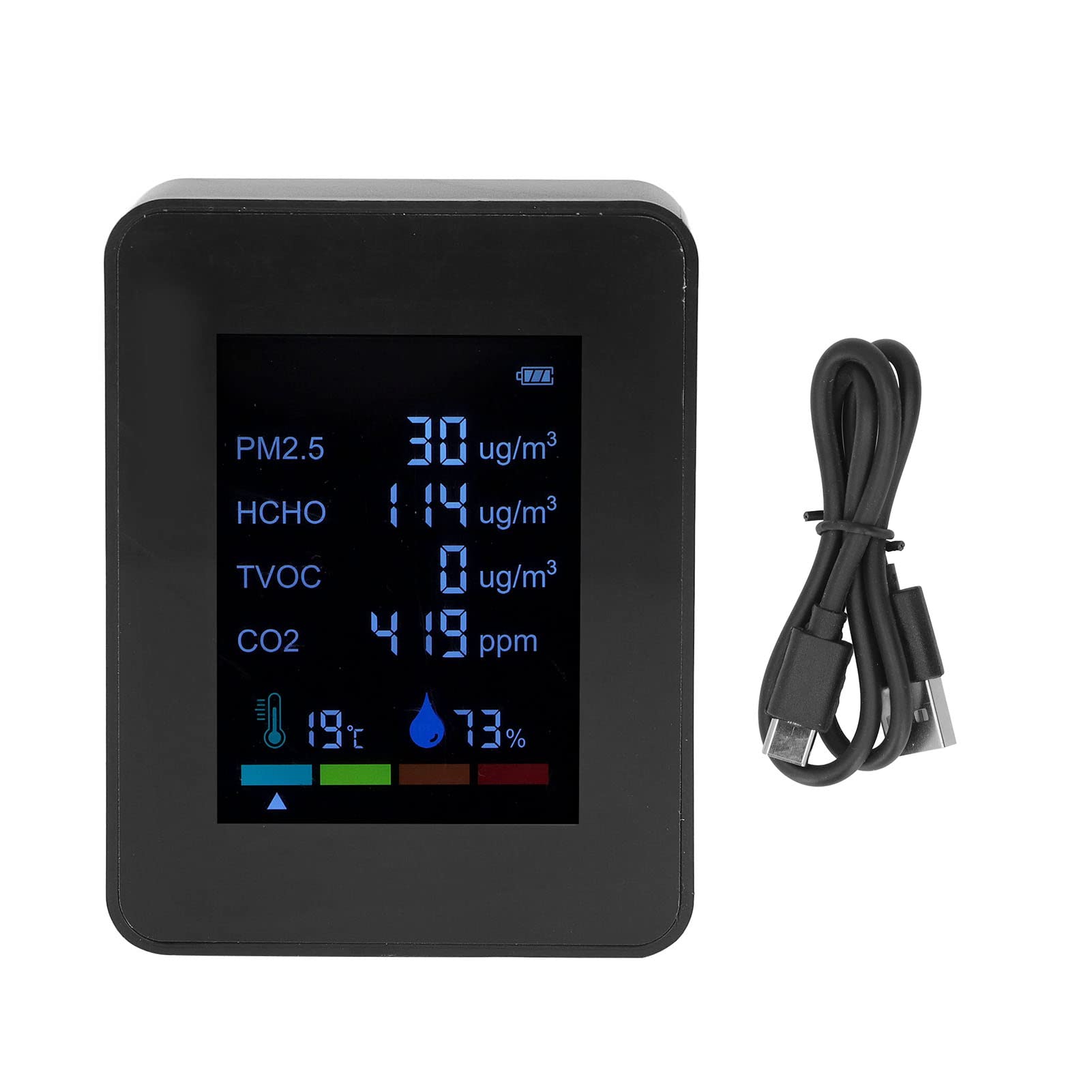 Moniteur Qualité Air Portable | Détecte CO2, TVOC, PM2.5 | Écran Rétroéclairé & Alarme | Rechargeable USB
