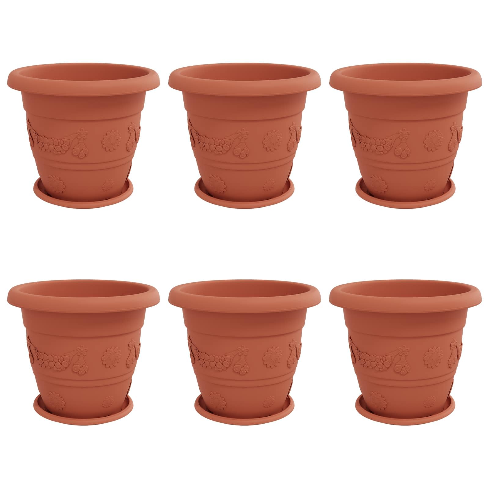 Set di 6 vasi da fiori in plastica, diametro 39 x 32 cm, cilindrici, con drenaggio, per esterni e interni, giardino, balcone e terrazza, rosso mattone