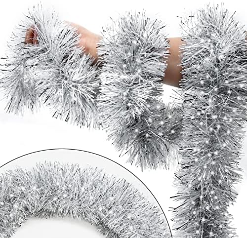 SURCVIO 50FT Silver Christmas Tinsel Garland - Metallic Tinsel Twist Garland for Christmas Tree Decorations, Xmas Tree Decor Home Indoor Holiday Party Supplies