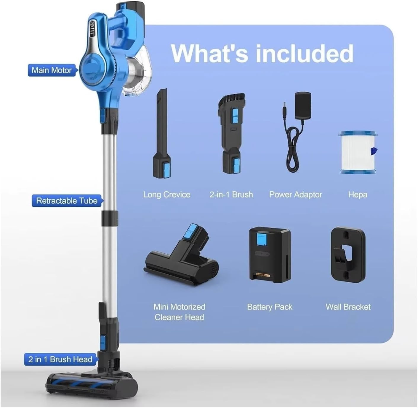 Diagram showing all included components of the INSE S62 Cordless Vacuum Cleaner