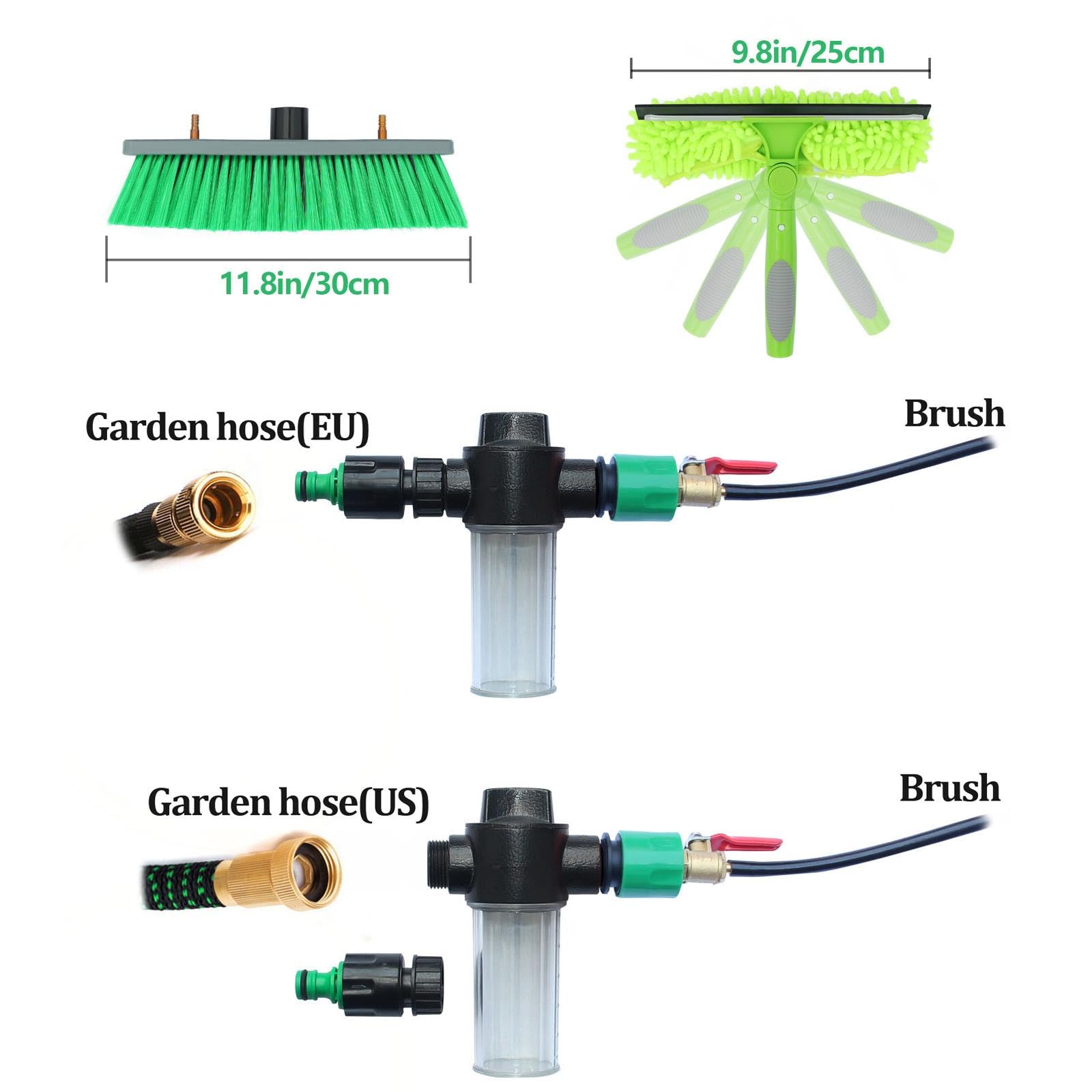 Cepillo para Limpiar Ventanas con Mango telescópico y rociador de Agua, Cepillo para Limpiar Paneles solares, Incluye raspador y dispensador de jabón, Cabezal de Cepillo de 30 cm, Longitud d