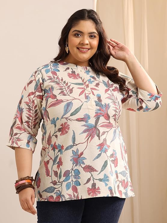 Image of Plus Size Printed Cotton Straight Kurti for Women