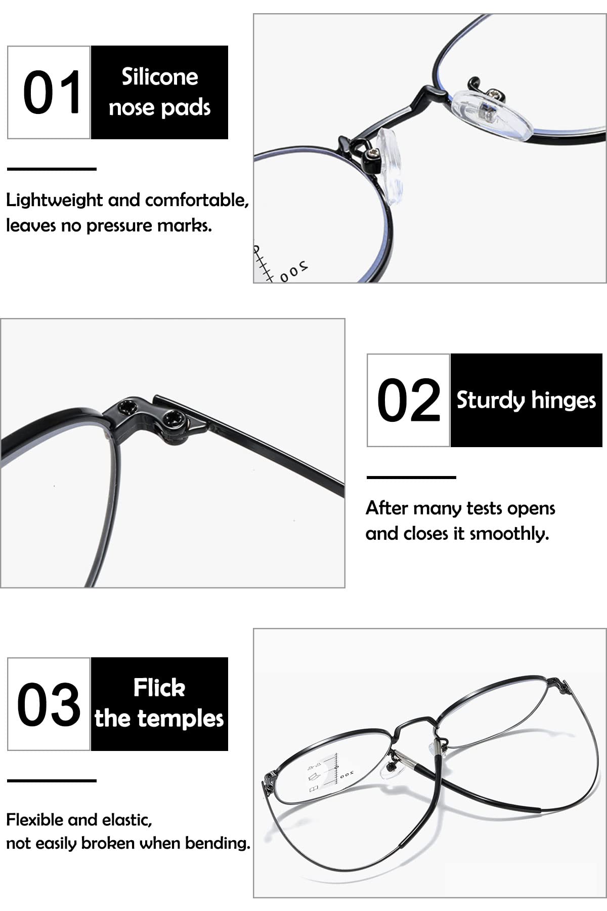 KOOSUFA Mode Runde Gleitsicht Lesebrille Gleitsichtbrille Progressive Multifokus Anti-Blaulicht Herren Damen Ultra Leicht Metallrahmen Arbeitsplatzbrille Lesehilfe 1.0 1.5 2.0 2.5 3.0 3.5 4.0