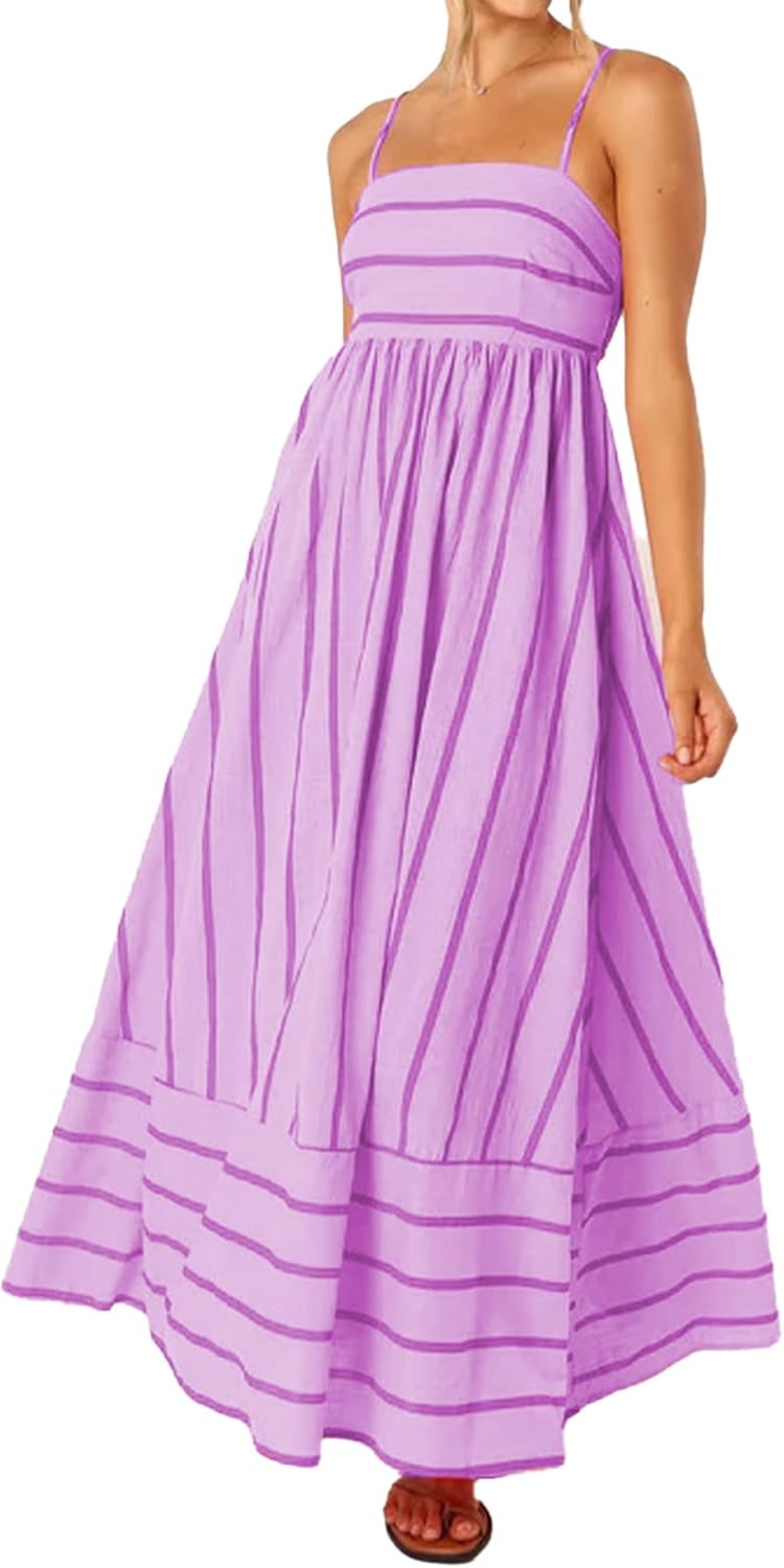 Women Striped Maxi Dress Sleeveless Backless Cutout Smocked Sundress Spaghetti Straps Boho Flowy Dresses