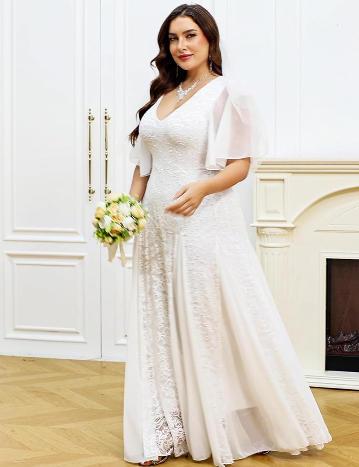 Plus Size Formal Lace Dress Maxi V Neck A-line Chiffon Wedding Guest Prom Evening Gown Gala Elegant Black Tie