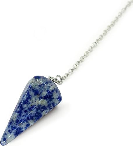 Miniatura 5 de Péndulo hecho de piedra preciosa natural de lapislázuli azul para adivinación, radiestesia, chakras, reiki. Con punta, cadena y bolsa para joyería
