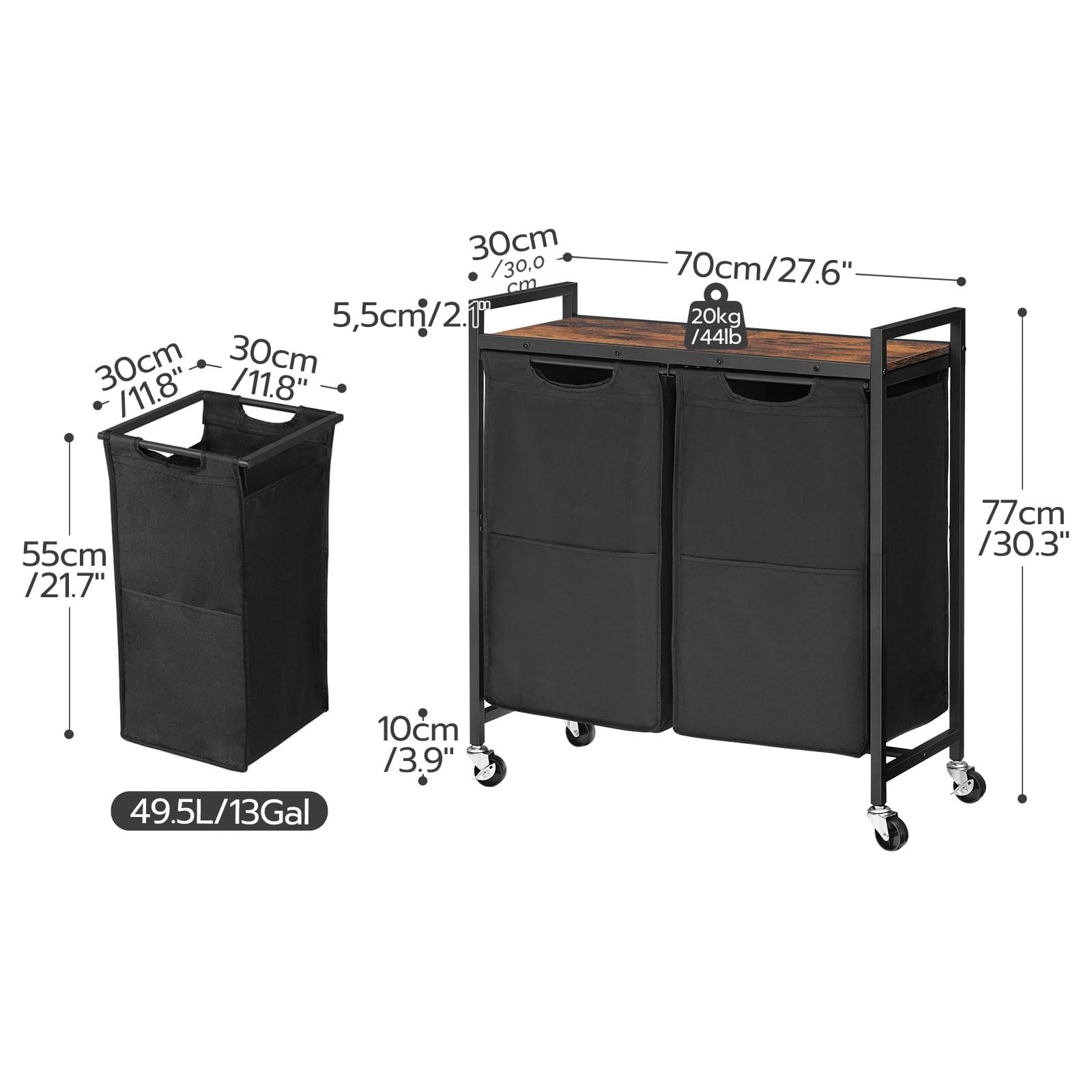 HOOBRO Cesto para Ropa Sucia, Cesta Colada con 2 Bolsas Extraíbles, Carro de Lavandería, 2 x 49,5 L, 70 x 30 x 77 cm, para Lavadero, Baño, Marrón Rústico y Negro EBF72XY01