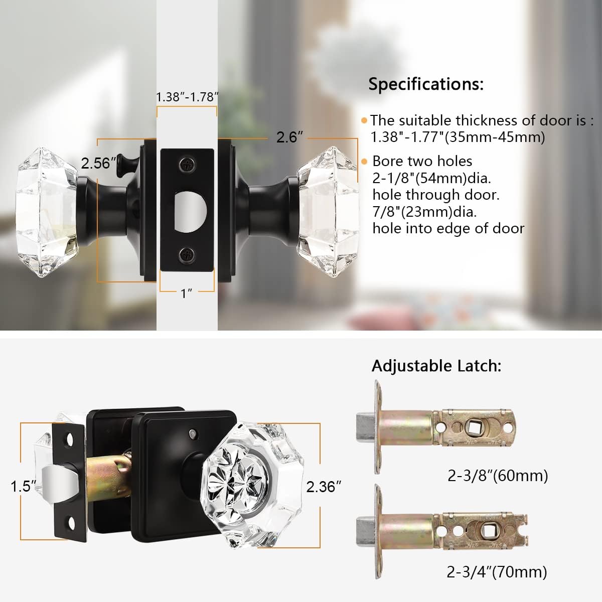 Probrico Crystal Door Knobs with Lock Octagon Shape, Heavy Duty Glass Privacy Knobs for Bed and Bath with Black Round Rosette, 2 Pack