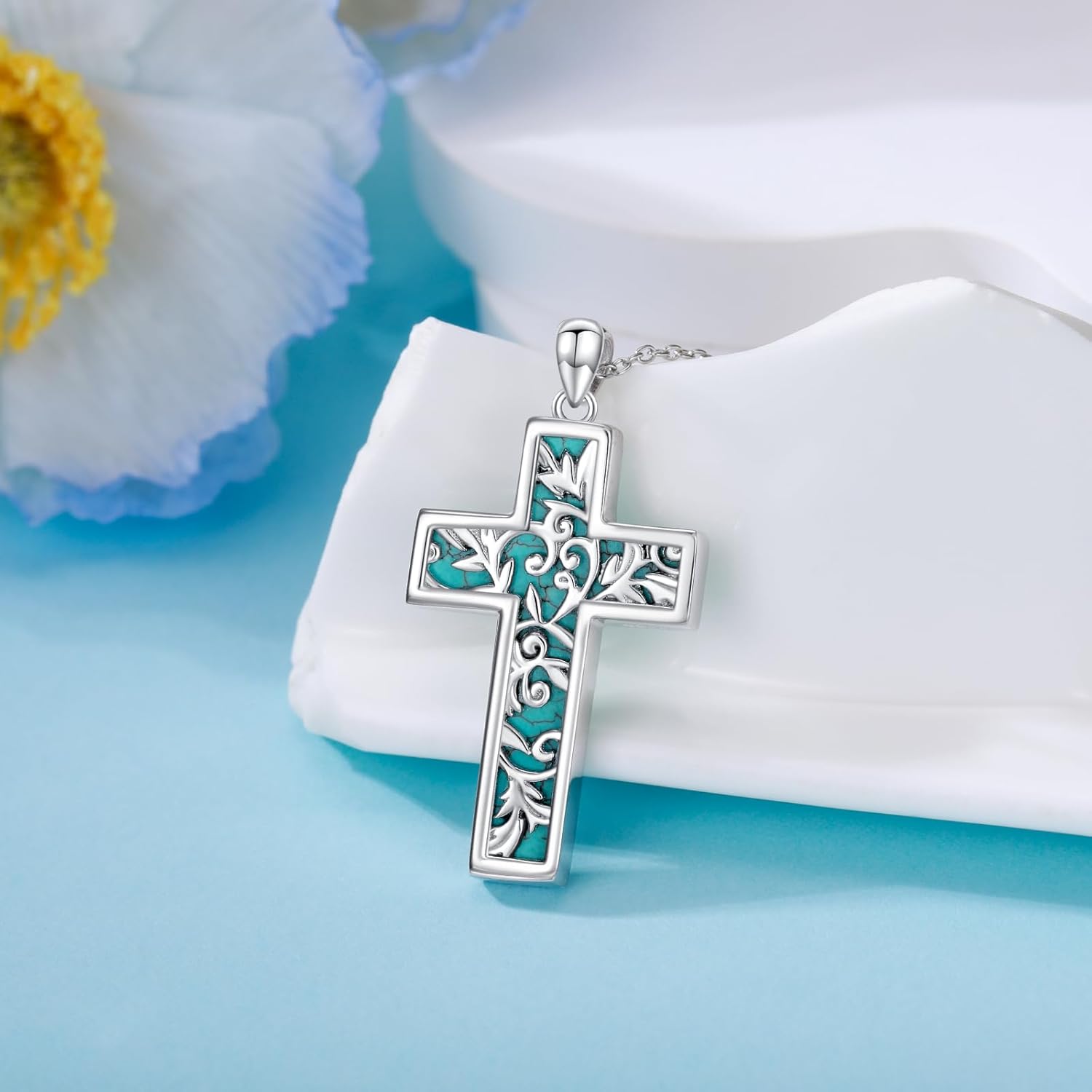 Natural Turquoise Cross Necklace for Women 925 Sterling Silver Ladies Floral Cross Pendant with Genuine Turquoise Jewelry Gifts - Image 2