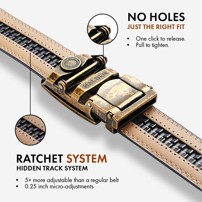 Image of HALDEN BURLEY Belts For Men Leather Original (Free Size Fits Up to 44 Inch Waist) Ratchet Straps, Unique Magnetic Auto-lock Buckle Formal Belts For Men