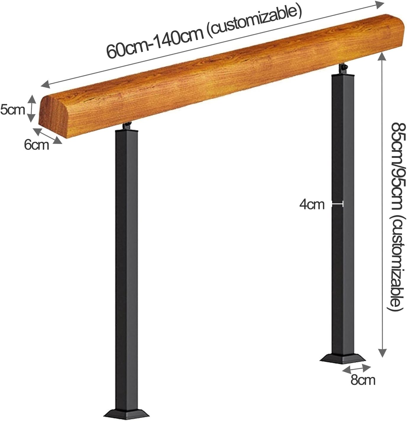 外の階段の外階段用の手すりピケット、2つの黒い錬鉄製の支柱付き手すり階段レール安全手すり、ロフトヴィラ廊下ガーデン用の木製階段手すり
