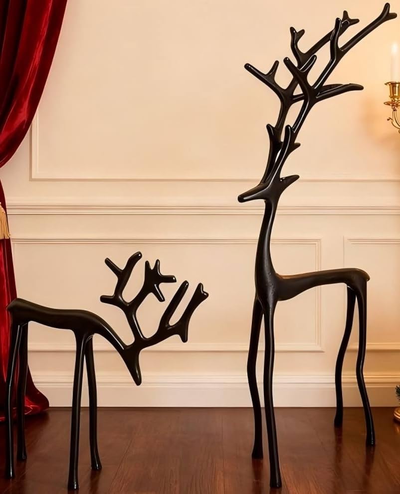AESZITTEW Black Reindeer Statues,2PCS Christmas Metal Reindeers Table Sculpture, Modern Style Decorative Reindeer Ornaments for Fireplace Bedroom Home