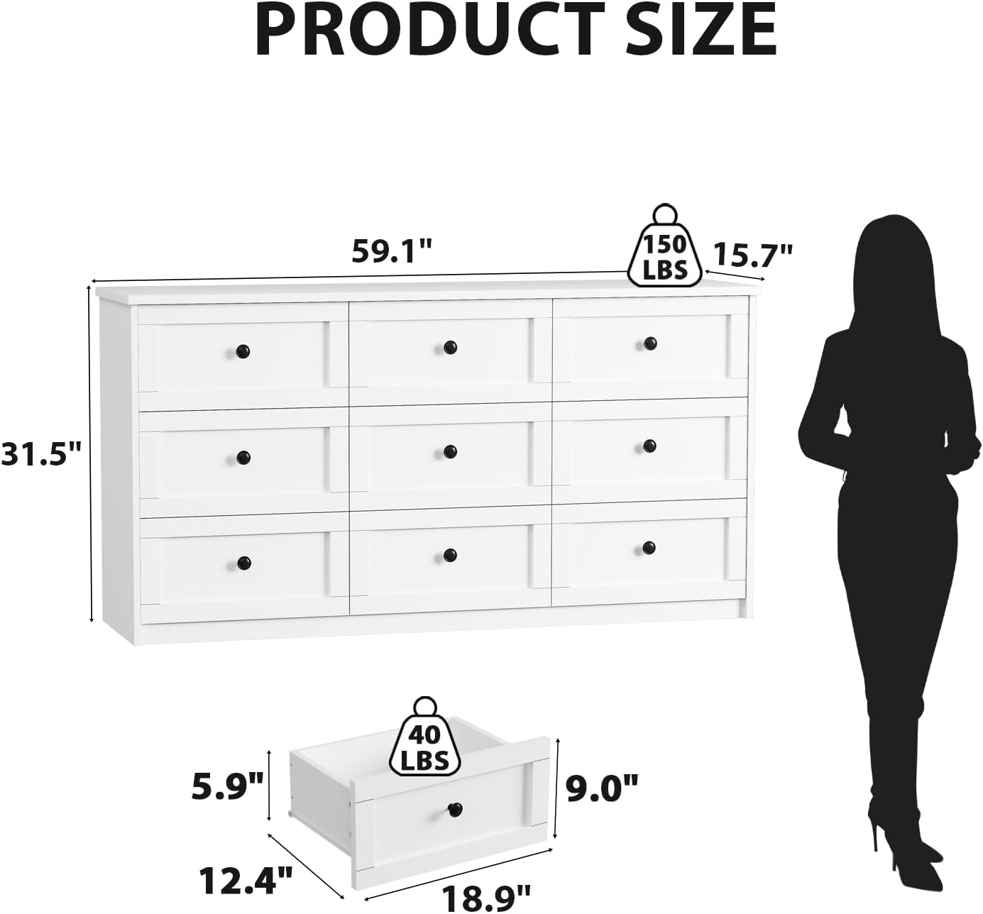 Diagram showing the dimensions of the CHUWELL 9-drawer dresser: 59.1 inches wide, 31.5 inches high, 15.7 inches deep. Also shows drawer dimensions and weight limits.