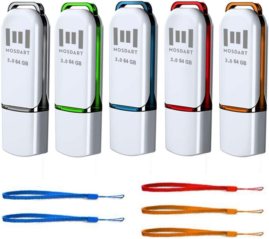 MOSDART 64GB USB 3.0 Flash Drive, Speed Up to 80MB/S, with LED Light and Lanyards, exFAT Memory Stick for Computers, System Backup, Data Storage, Multicolor(Pack of 5)