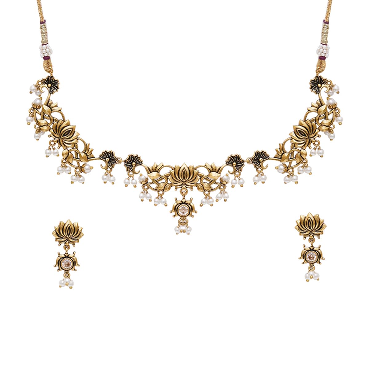 Apsara Lotus Motif Filigree Gold Plated Brass Jewellery Set For Women|Jewellery Set For Women|Womens Gift|Gift For Her|-image-0