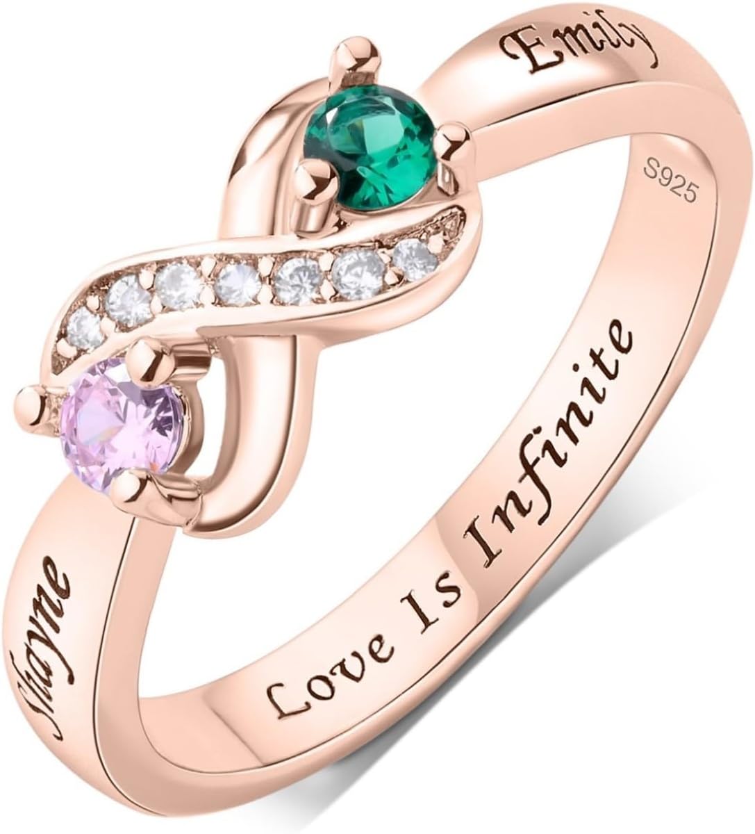 Personalized Infinity Mothers Ring with 2 Birthstones, 925 Sterling Silver Custom Engraved Birthstone Promise Ring for Women, Jewelry Gift for Mom Wife Grandma Mother’s Day Birthday