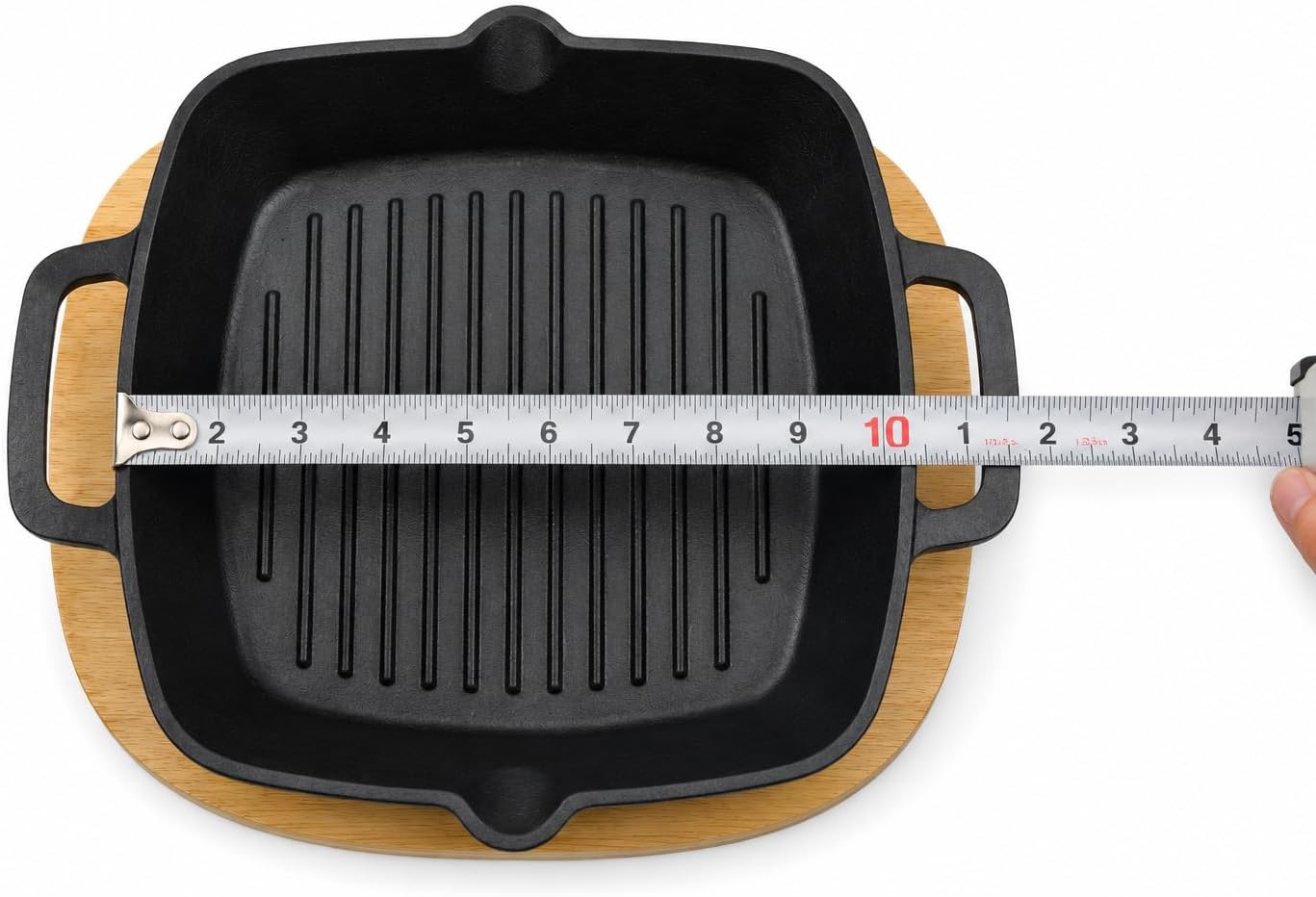 Square Cast Iron Grill Pan, 10" Black, Enamel Coated, Oven Safe, with Oak Wood Base, Dishwasher Safe, BBQ/Oven Ready