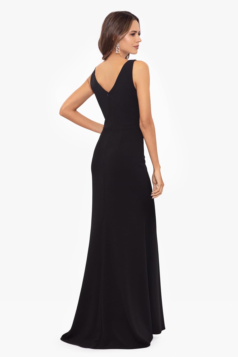 Betsy & Adam Women's Long Sleeveless Boat Neck Ruffle Side Slit Scuba Crepe Gown - Image 2