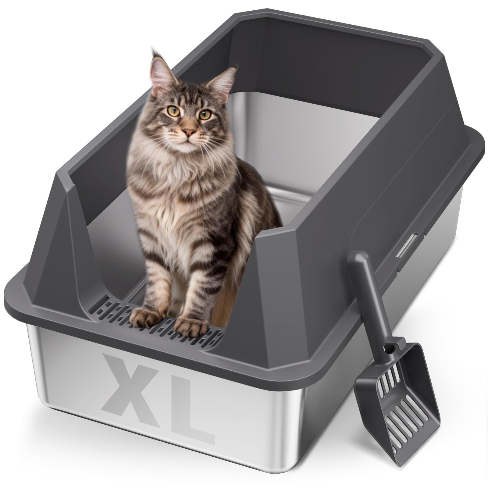 TEVILA Stainless Steel Litter Box with High Sides, XL High Sided Cat Litter Pan, Open Top Extra Large Metal Cat Litter Box, Non-Stick, Odor Free, Leakproof, Scoop Included, Gray