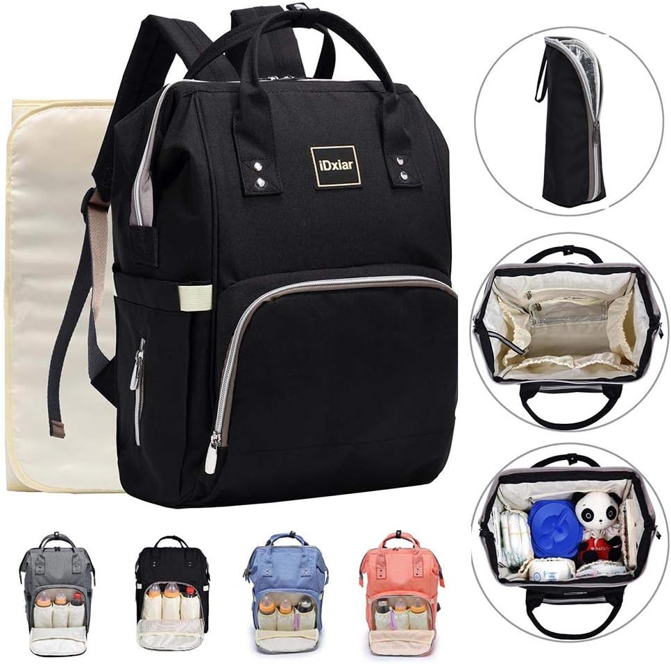 Baby Diaper Backpack Bag Unisex Nappy Changing Rucksack with Waterproof Changing Pad,Pushchair Straps Change Bag Backpack for Mum Dad (Black)