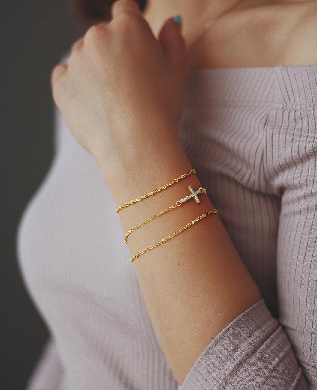 Emibele Gold Cross Bracelet for Women, Trendy Cubic Zirconia Gold Cross Bracelet 14K Gold Plated Bracelets, Adjustable Simple Link Chain for Women Faith Gold Jewelry Religious Christian Baptism Gifts image 4