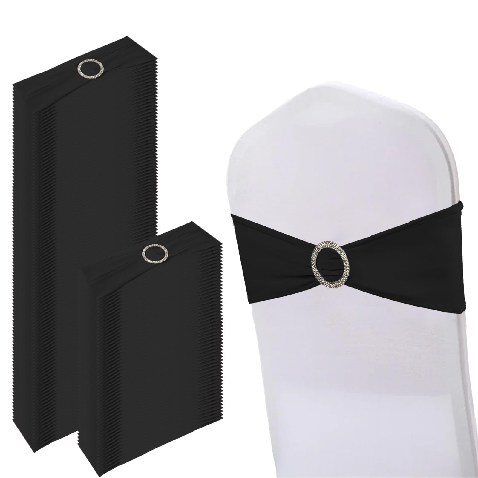 Photo 1 of 150 Pack Spandex Stretch Chair Sashes Bows, Elastic Stretch Chair Cover Bands Ties with Buckle Slider for Wedding Party Ceremony Reception Event Banquet Decoration (Black)