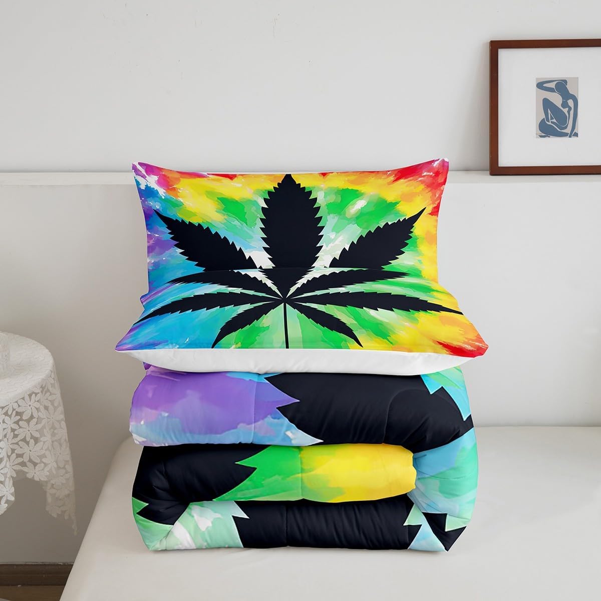 Erosebridal Bedding Comforter Set Queen Size, Colorful Tie Dye and Leaves Down Comforter, Fashion Home Bedroom 3 Piece Bedding Comforters with 2 Pillow Cases, Watercolor