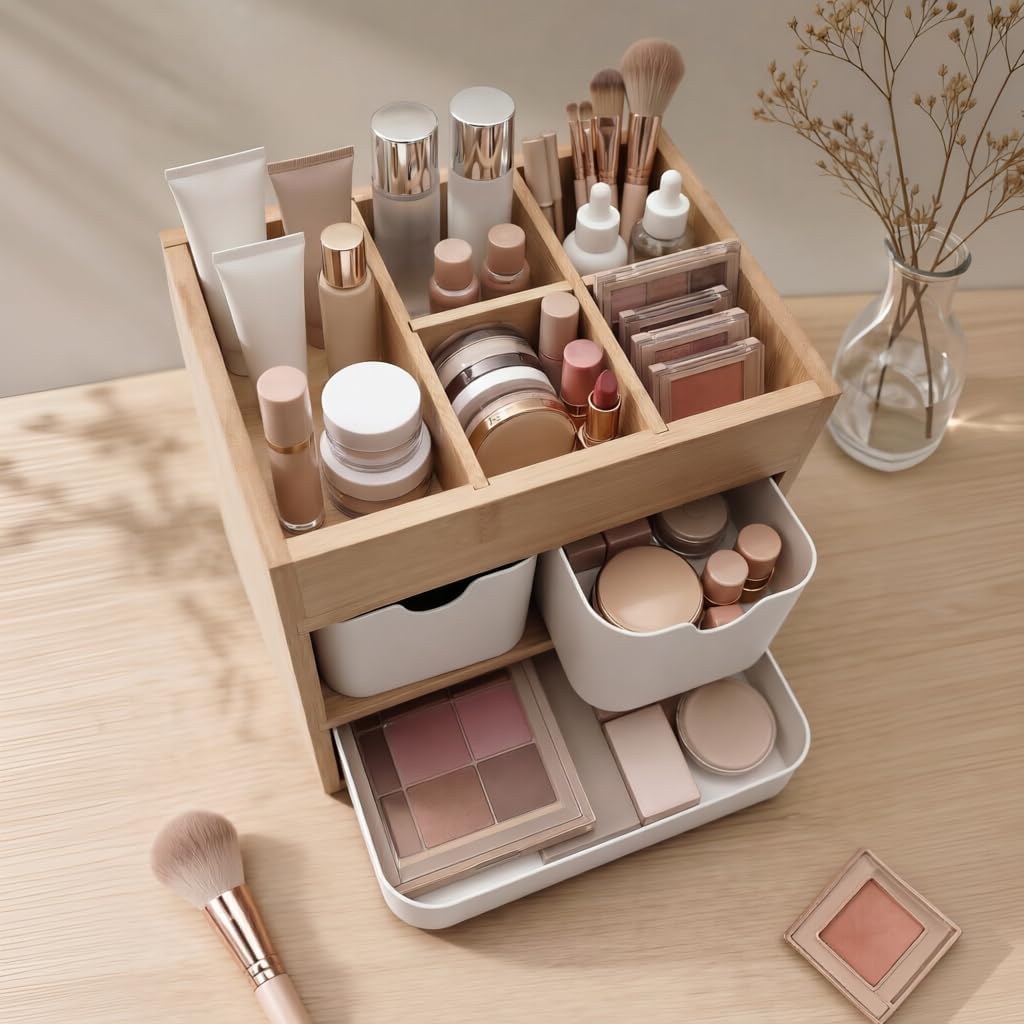 Bamboo 3-Drawer Makeup Organizer, Mortise & Tenon Vanity Box Desk Organizer