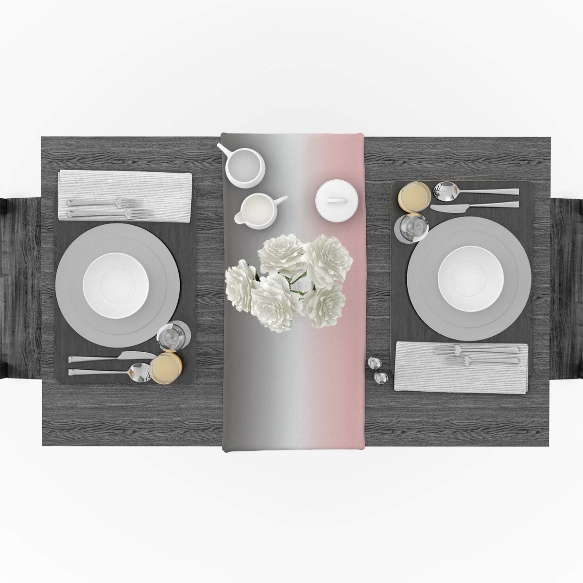 Ombre Cotton Linen Rectangle Table Runners 13''x90'', Gradient Pink and Grey Luxury Table Runners for Wedding Party Banquet Dinner Decor