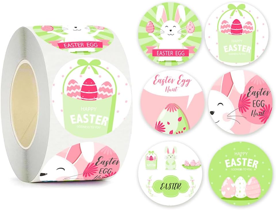 500 Pcs Easter Stickers 1 Inch Spring Bunny Sticker Roll Cute Egg Stickers 8 Designs Happy Easter Sticker for Scrapbook Journal Envelopes Gift Decorations Supplies