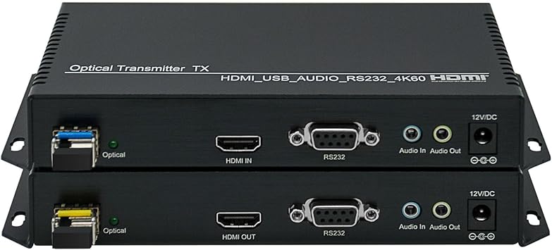 UHD 4K@60HZ HDMI KVM Extender Over Fiber Optic, Max 10km Uncompressed Transmission Single Mode 1 Core, Bi-Directional Audio Transmission, USB2.0 External Devices,RS232 Optical Fiber Extender