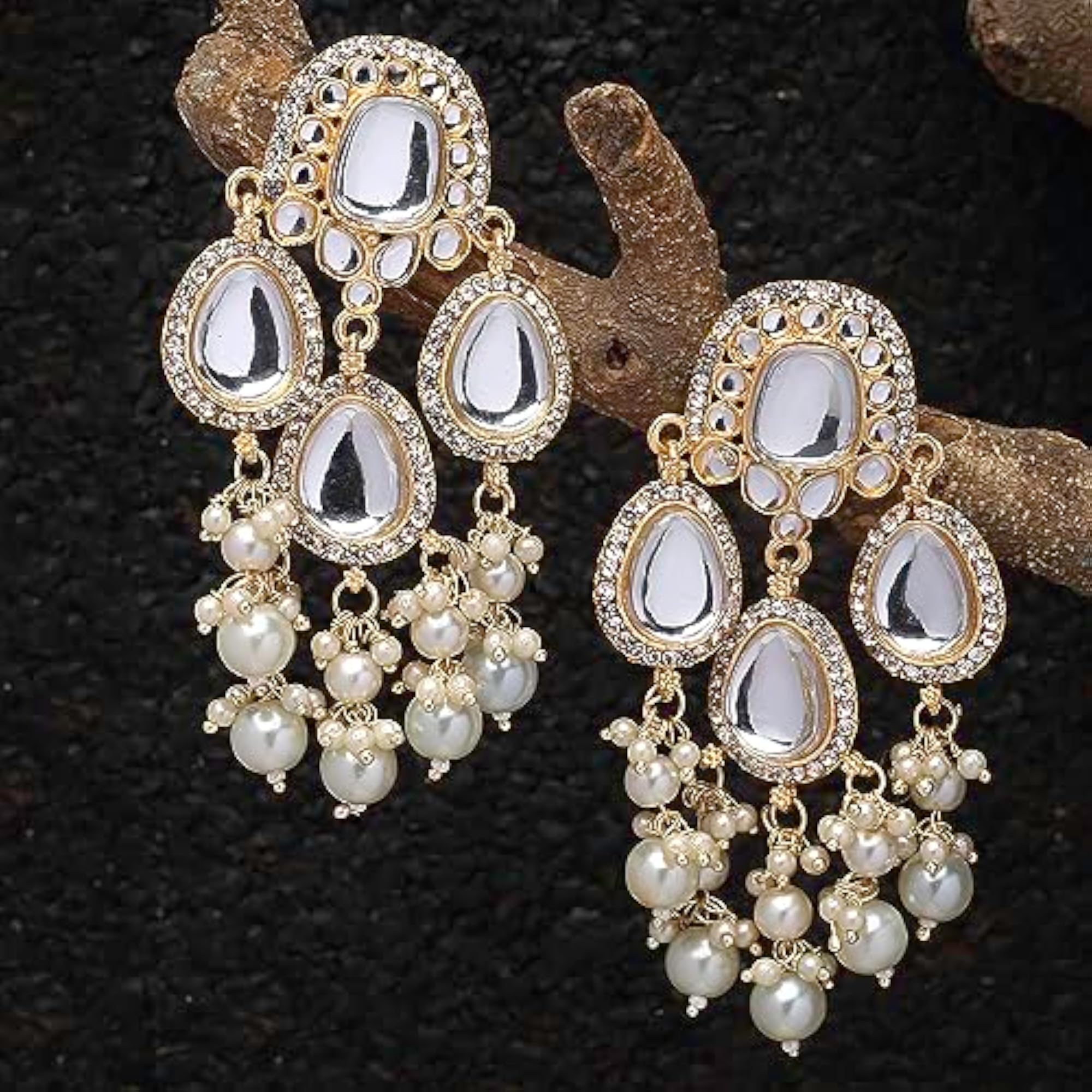 Gold-Plated Kundan & Pearls Teardrop Mirror Earrings